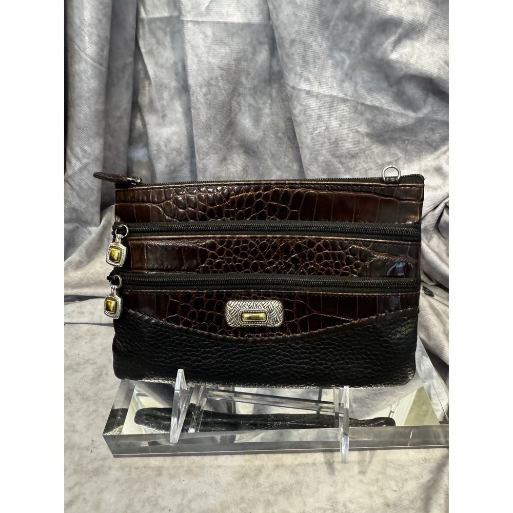 Brighton Black Brown Leather Croc Embossed Wallet Clutch Purse No Strap, Zippers